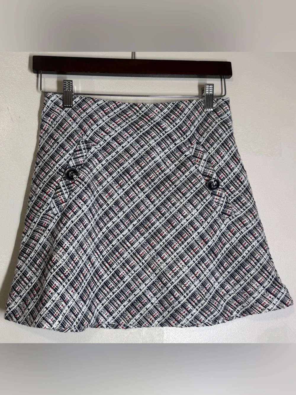 Zara Tweed Textured Weave Nautical Anchor Button High Waist Mini Skirt